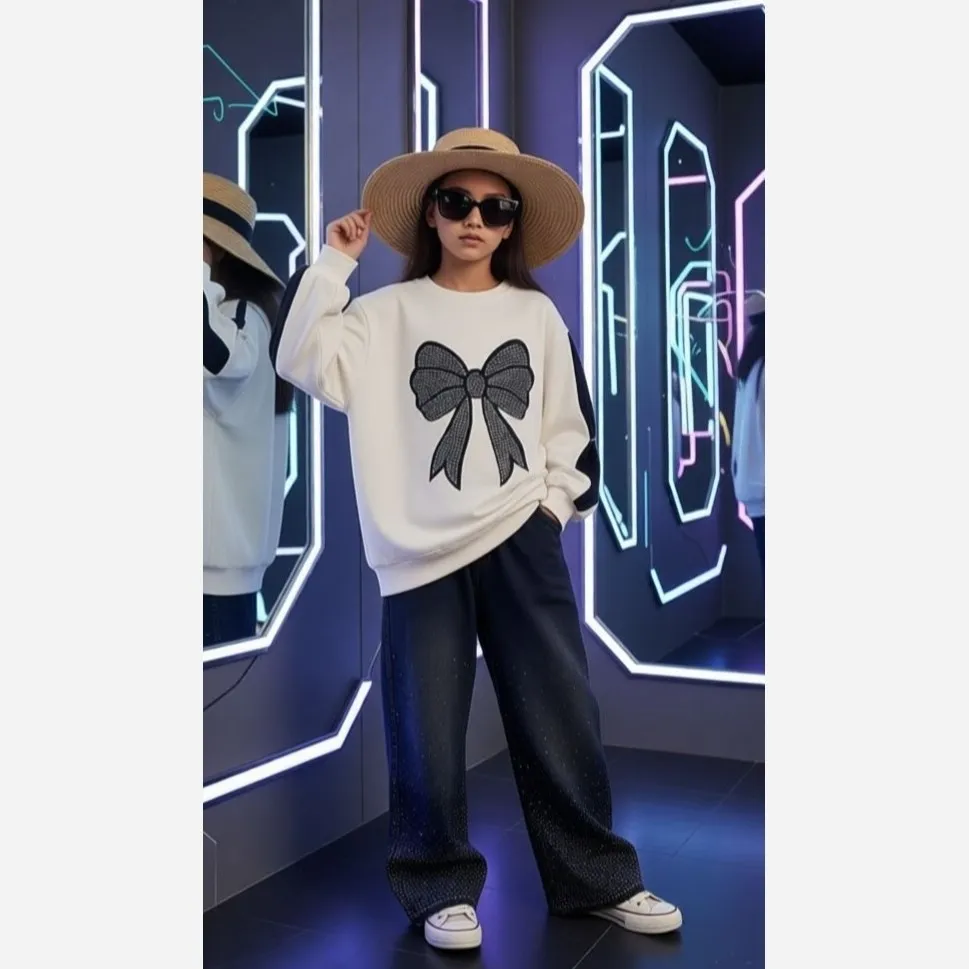 ست لباس دخترانه دورس و شلوار لی بگ طرح پاپیونی مناسب 5 تا 16 سال