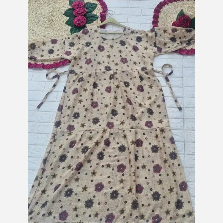 پیراهن فلور نخ بیسکویتی تابستانه نرم فری سایز قد 135