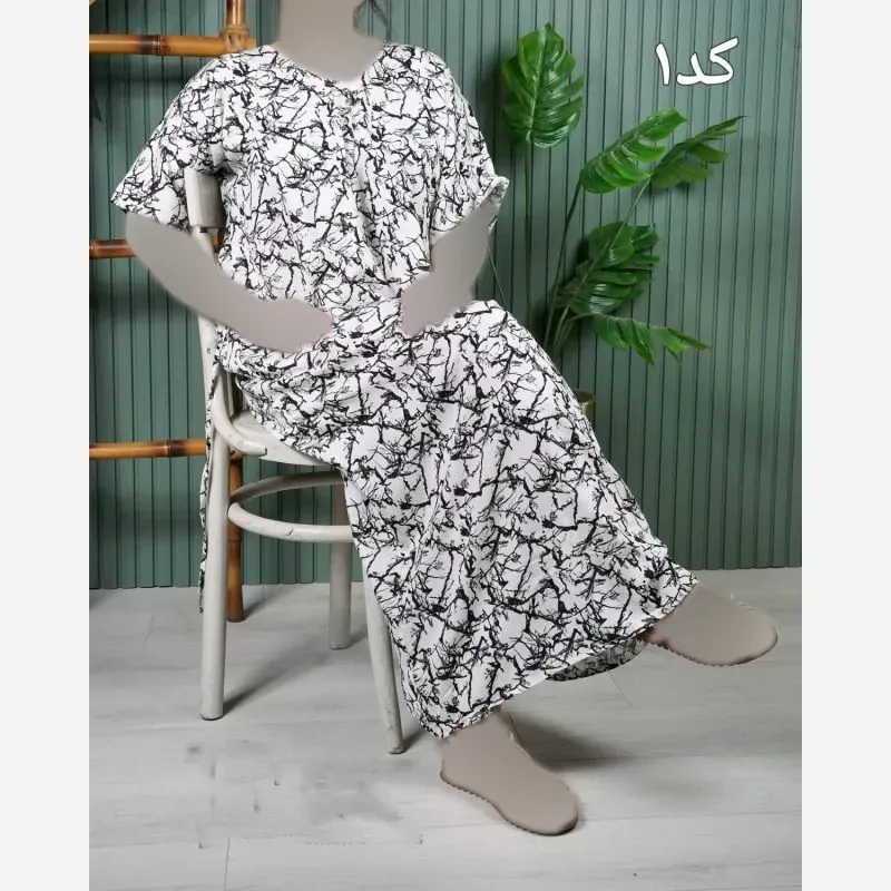 پیراهن نخی آستین کوتاه زنانه فری سایز بلند