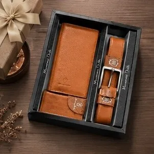 ست کادویی مردانه شامل کیف پول جاکارتی و کمربند چرم صنعتی با جعبه شیک